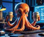 octopus in front of a computer holding two cups of coffee in his tentacles